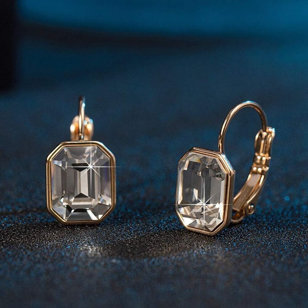 Austrian Crystal Octagon Leverback Drop Earrings for Women 14K Rose Gold Plated - Picture 5 of 7